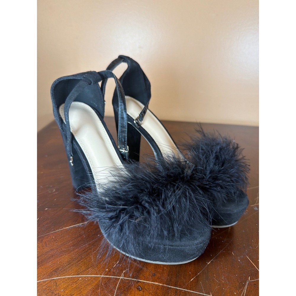 Black Feather Platform Sandals Ankle Strap‎ Block Heel Evening Party Shoes